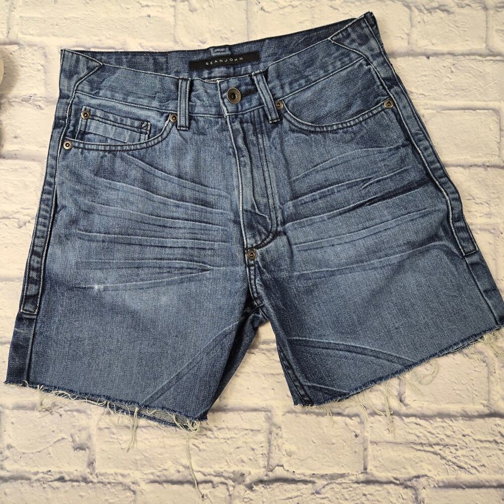 Sean John Men's Distressed Denim Cutoff Shorts Whiskering size 30 FLAWED